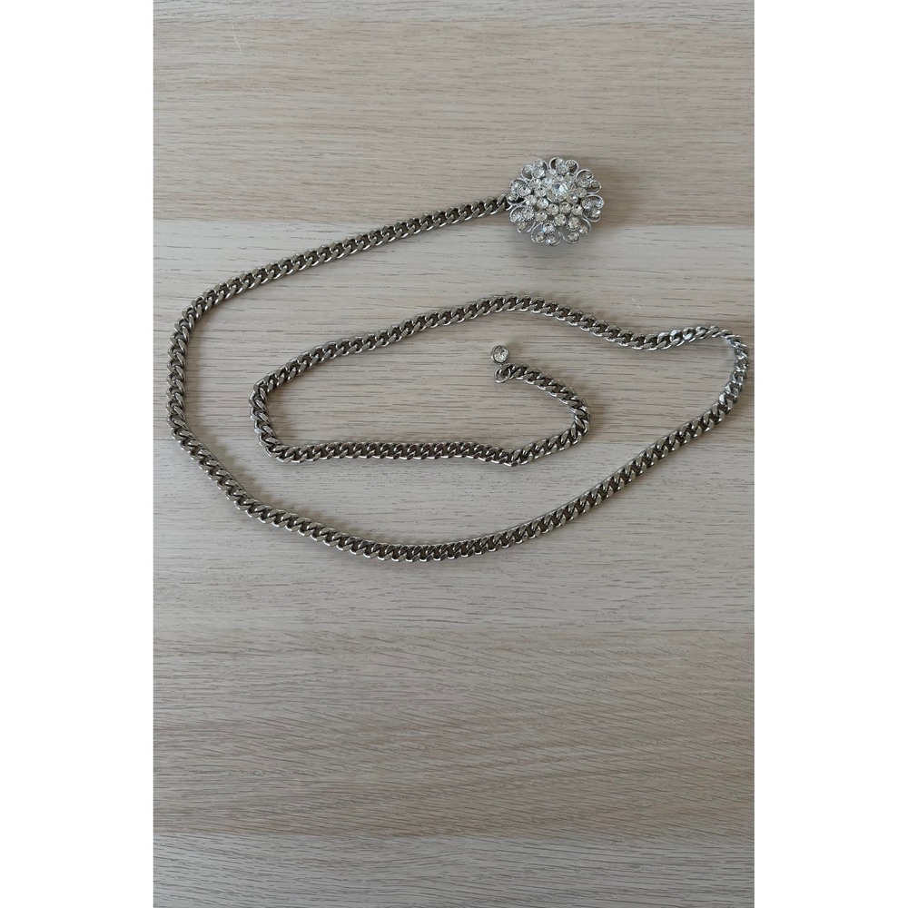 Vintage Silver Tone Rhinestone Floral Sunburst Curb Chain Belt Adjustable Hook